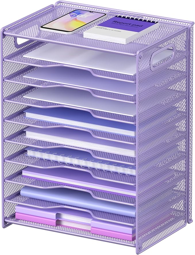 OUTWOLF 10 Tier Paper Organizer - Letter Tray Mesh Desk File Organizer with Handles for Office School Desktop, Purple by OUTWOLF