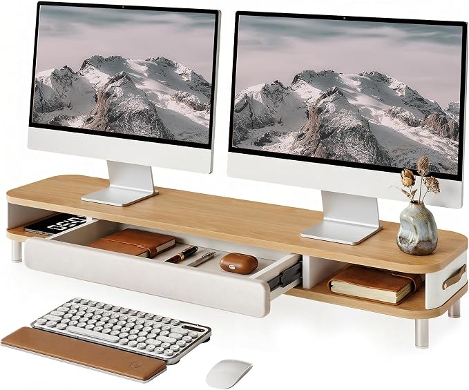 Fenge Dual Monitor Stand with Large Storage Drawer, 42.5" Dsek Shelf, Oak | Slide-Out Drawer with Soft Touch Leather, Ergonomic Monitor Riser, Aluminum leg, 2-Tier Desk Organizer for Laptop, TV, PC by Fenge