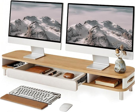 Fenge Dual Monitor Stand with Large Storage Drawer, 42.5" Dsek Shelf, Oak | Slide-Out Drawer with Soft Touch Leather, Ergonomic Monitor Riser, Aluminum leg, 2-Tier Desk Organizer for Laptop, TV, PC by Fenge