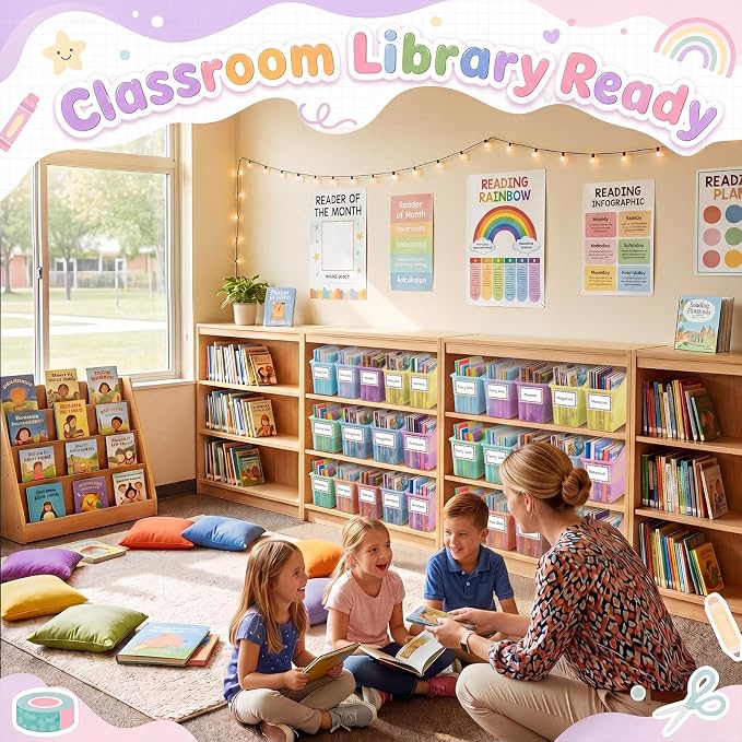 Blosssound 24 Set Book Bins for Classroom with Label Sticker Book Box Baskets Plastic Stackable Organizing Bins Storage & Organization for Classroom Library Home School Supplies (Translucent Pastel) - Image 5