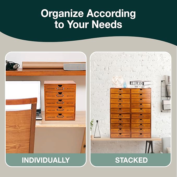 Fully Assembled Modular Stackable 20-Drawer Set of 4 Retro Wood Countertop Organizer Drawers - Mini Filing Cabinets for Desktop - Apothecary Card Catalog Library Storage Drawers w/ Label Holders - Image 8