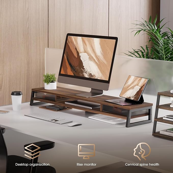 Fenge Dual Monitor Stand Riser, 42.5in Desk Shelf with 2 Drawers, Brown | 2-Tier Monitor Shelf for Desk, Storage Drawer with Stopper, Frosted, fit Home Office, Ultrawide Screen, PC, Laptop, TV - Image 7