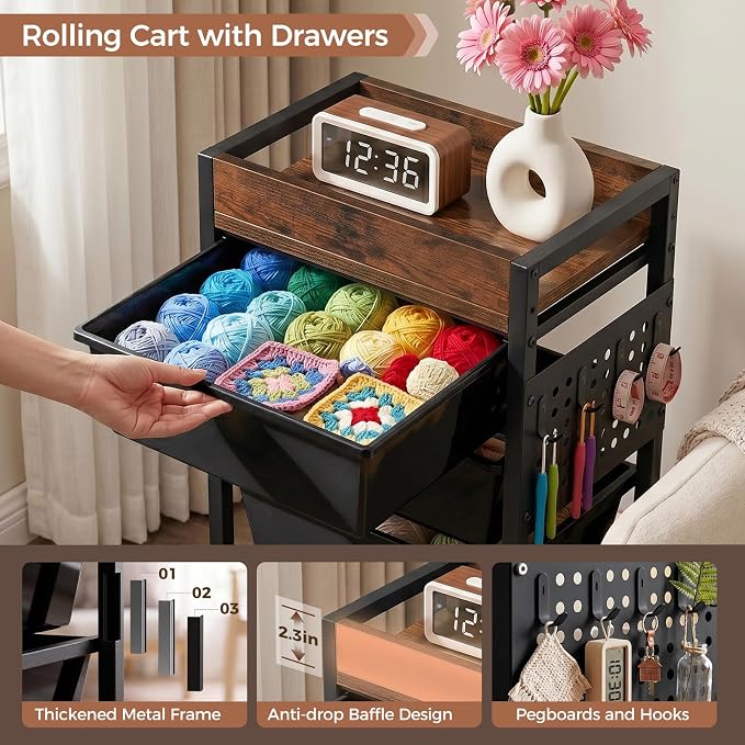6 Tier Rolling Cart with Drawers, Plastic Drawer Storage Craft Cart with Pegboards & Hooks, Metal Utility Cart with Wheels & Wooden Tabletop, Classroom Office Art Supply Organizers and Storage, Black - Image 5