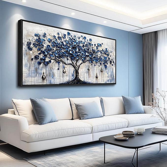 XIGUANGART Tree of Life Large Wall Art Modern Abstract Paintings Watercolor Blue Farmhouse Framed Artwork Tree & bell Canvas Prints Pictures Wall Decor for Living Room Bedroom Home Office Decoration