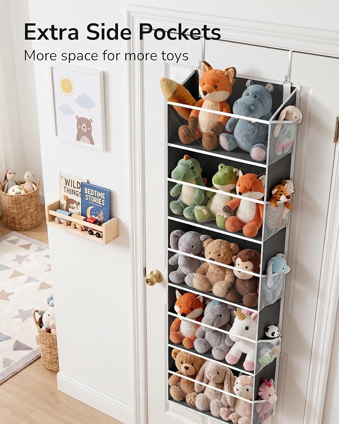 ULG Stuffed Animal Organizer Over the Door, Large Hanging Plush Toy Storage with Mesh Window, Cotton Kids Toy Organizer for Bedroom, Nursery, Playroom & Baby Items Dark Grey - Image 4