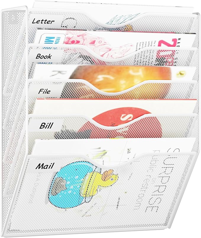 5 Pockets Hanging Wall File Organizer Mail Holder, Wall Mounted Paper Document Folder Holder, Clipboard Storage Organization Magazine Rack, White by GDINDINFAN