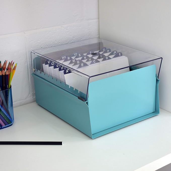 Acrimet 6 x 9 Card File Holder Organizer Box Metal Base Heavy Duty (AZ Index Cards and Divider Included) (Green Color with Crystal Plastic Lid Cover) - Image 3