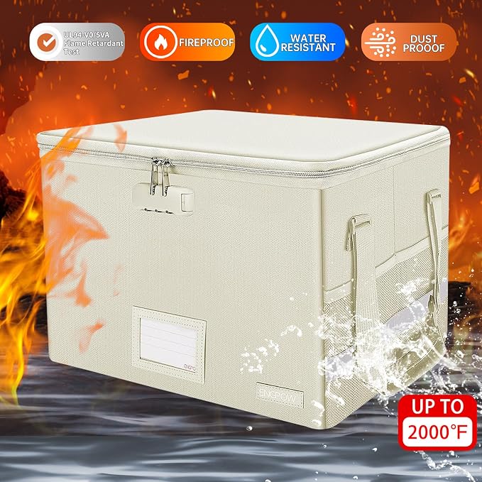 ENGPOW File Box with Lock, Fireproof Document Box with Zipper Lid, Collapsible File Storage Organizer Filing Cabinet with Handles, Portable Home Office Safe for Hanging Letter/Legal Folders, Beige - Image 5