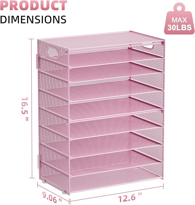 Marbrasse Paper Organizer Letter Tray, 9 Tier Mesh File Organizer with Handle, Paper Sorter Desk Organizer for Home Office Supplies - Pink - Image 5