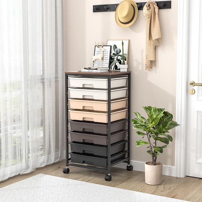 SYKIARIOL Rolling Cart with Drawers, 8 Drawers Utility Cart, Brown Gradient | Craft Organizers and Storage Cart with Wooden Top for Living Room,Classroom,Bedroom,Dorm,Home Office - Image 7