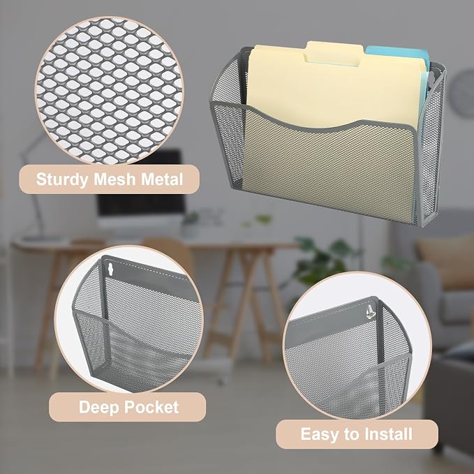3 Single Pocket Mesh Hanging File Organizer, Vertical Wall Mounted Magazine File Holder, Mount Basket Mail Paper Document Folder Organizing for Office, Home and School, Gray - Image 3