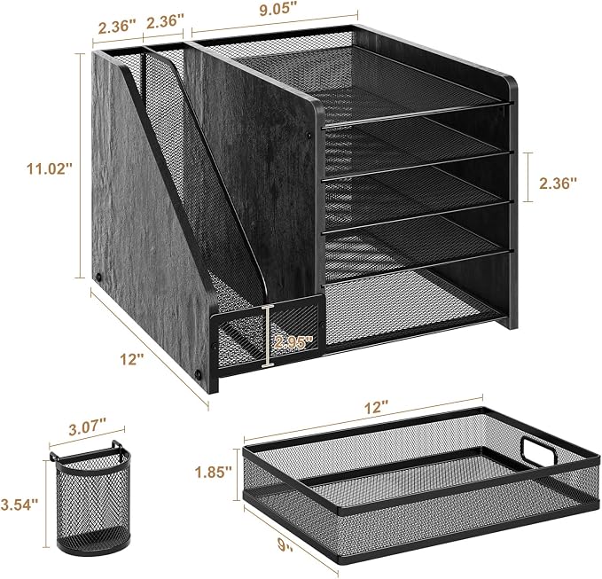Marbrasse Desk Organizer with File Holder, 5-Tier Paper Letter Tray Organizer with Drawer and 2 Pen Holder, Mesh Desktop Organizer and Storage with Magazine Holder for Office Supplies (Wood-Black) - Image 5