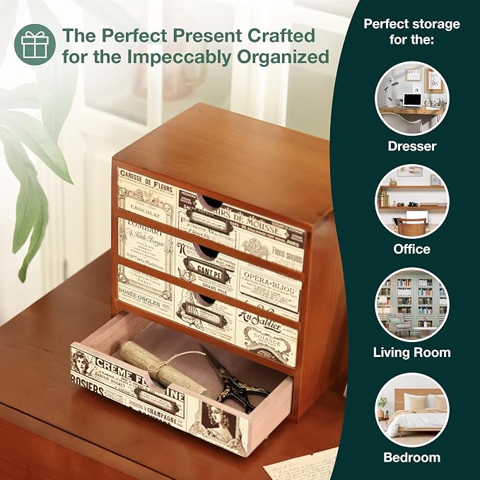 4-Drawer Vintage Ephemera Pattern Desktop Organizer - Arts and Craft Newspaper Design Desk Storage Cabinet - Ephemera Wood Shelf Drawers with Label Holders - Scrapbook Collecting - Image 9