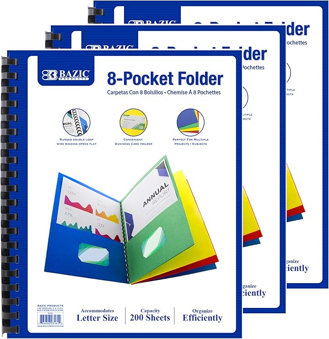 BAZIC Products Assorted Color Paper 8-Pocket Folder Organizer, 3-Pack | business card slot, Sorts letter-size 8.5 x 11 in papers by BAZICProducts
