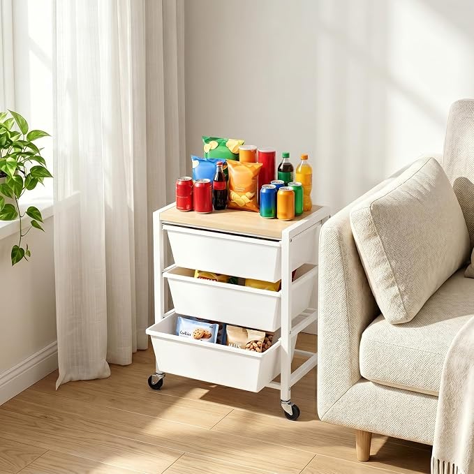 Rolling Cart with 3 Drawers, Plastic Drawer Storage Carts with Lockable Wheels & Wooden Tabletop, Metal Art Craft Utility Cart Organizer for Home Office Bedroom Dorm Bedside Classroom, Bright White - Image 7