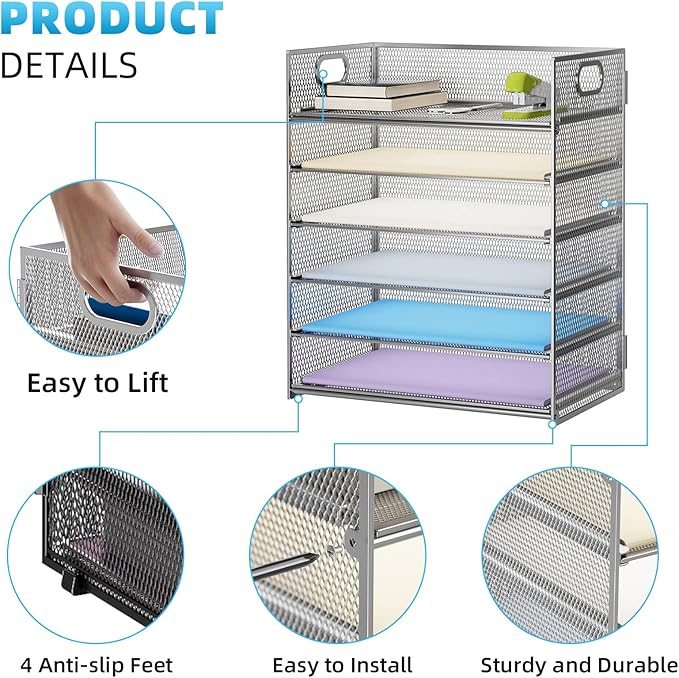 Marbrasse Paper Letter Tray - 6 Tier Mesh File Organizer with Handle, Paper Sorter for Letter/A4 Office File Folder Holder - Silver - Image 3