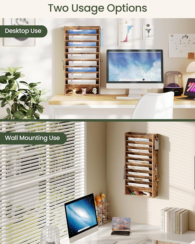 Wall File Organizer, 10-Tier Hanging Mail Organizer, Wall Mount File Holder with 4 Side Hooks, Mail and Storage Organizer, Wooden Vertical Hanging Holder for Office, Rustic Brown MWJ03FG - Image 5