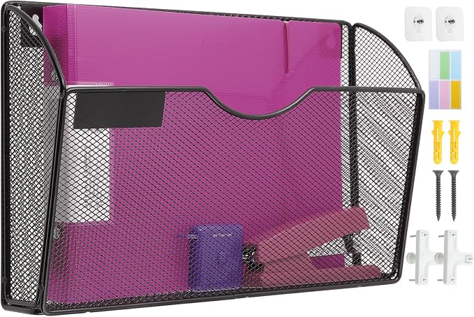 1 Pocket Mesh Wall File Holder Organizer Office Hanging File Folder Magazine Rack, Nametag Label Hooks Set Included (Black) by ideallife