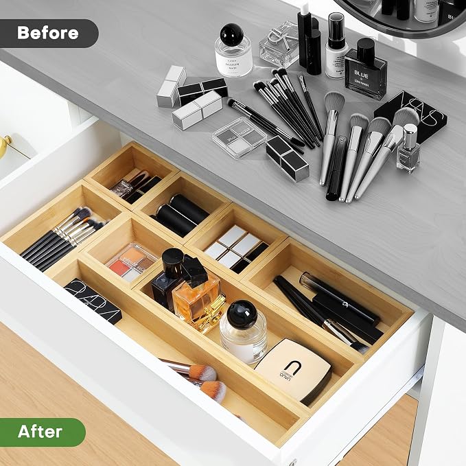 MapleGrace Bamboo Drawer Organizer Set, 9 PCS Wood Storage Organizers | Multi-Use Junk Drawer Divider, Storage Trays Containers for Kitchen, Bathroom, Office Desk, Makeup, Jewelry, Utensils - Image 4