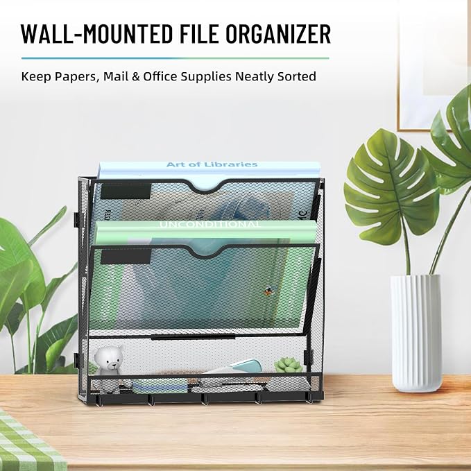 3-Tier Wall File Organizer with 5 Hooks, Wall Mounted Mail Organizer | File Holder Organizer, Metal Mesh Office Wall Organizer for Home, School & Classroom - Image 8