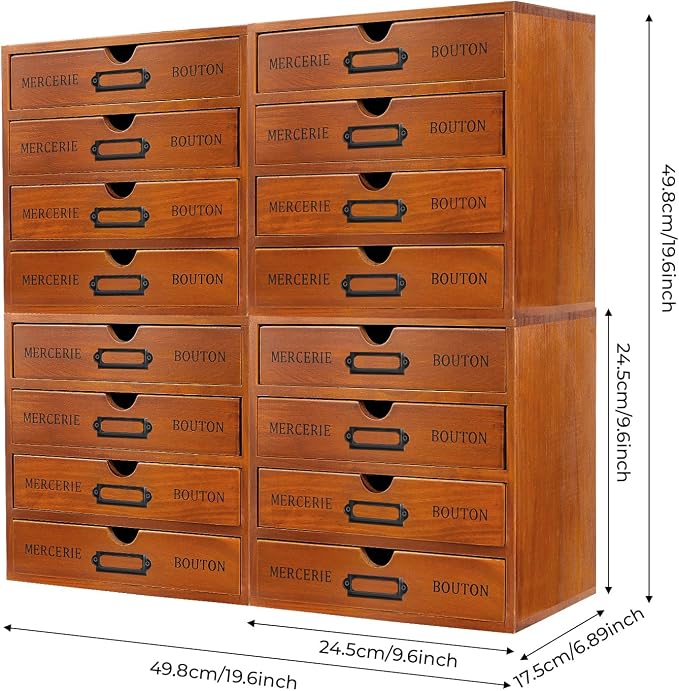Vintage 16-Drawer Wooden Desk Organizer, 4Pcs 4-Slot Filing Cabinet, Stackable Craft Storage Drawers, Rustic Tool Box, Multilevel Apothecary Cabinet, Ideal Home Office Organizers and Accessories - Image 2