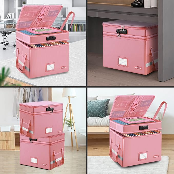 DocSafe File Box with Lock,Multi-Layer Fireproof Document Box Collapsible File Storage Organizer with Pockets/Handle,Large Portable Home Office Filing Safe for Hanging Letter/Legal Size Folders,Pink - Image 3
