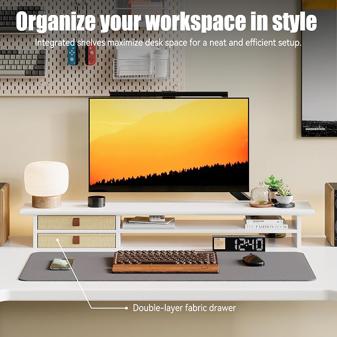 FENSULN Dual‑Tier Monitor Stand Riser with Drawers, Desktop Organizer Shelf Storage for Computer Screen 2 Monitors, Supports for PC Computer Monitor, Printer, Heavy TV Riser White - Image 3