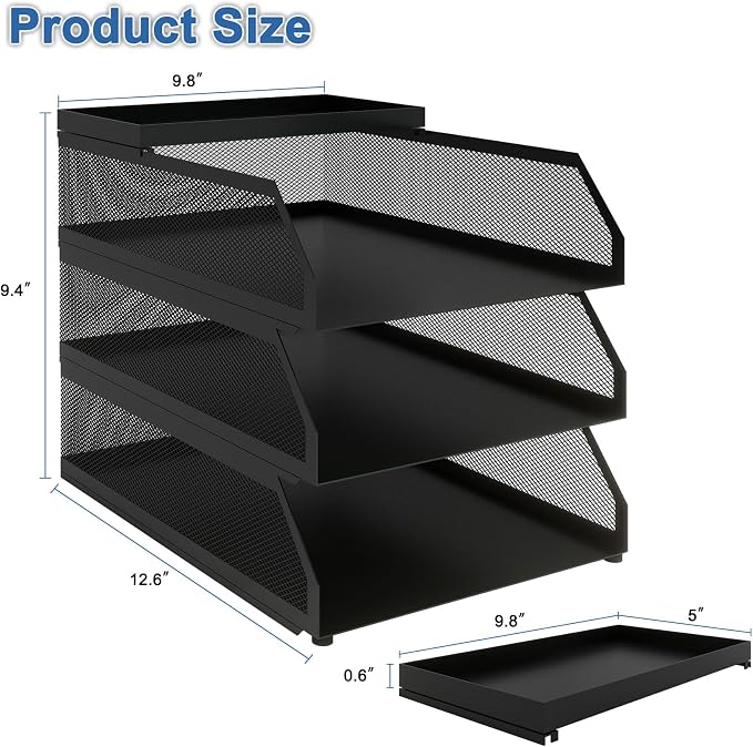 Natwind 3-Tier Stackable Metal Mesh Desk Paper Tray Organizer,Black | Letter Tray For Paper Storage,Desktop Accessories for Office Supplies,File Document Holder For Home School Classroom - Image 2