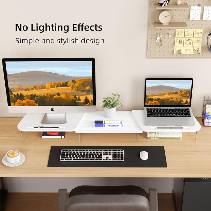 AFOOYO LED Dual Monitor Stand Riser for 2 Monitors,Office Desktop Wooden Stand Adjustable Length and Angle 3 Shelf,Extra Long Multifunctional Stand up to 39.3" for Computer,Laptop,TV,White - Image 2