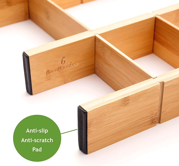 Adjustable 17-22in Bamboo Dividers Organizers with 9 Inserts, Expandable Spring Loaded Drawer Dividers for Kitchen, Dresser, Bedroom, Bathroom, Office, and Garage (4 Pack) - Image 7