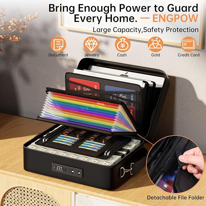 ENGPOW Fireproof Document Box with Lock & 13 Pockets Accordion File Folder | Hard Case File Organizer Home Safe Box with Multi Pockets,Protects Important Documents,Certificates,Laptop,Passports,Black - Image 4