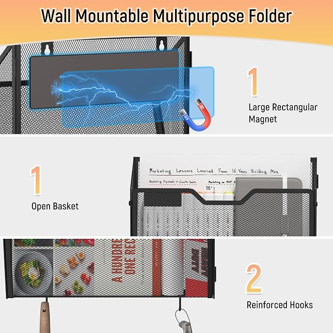 Docnest 6 Pack Dual-Mount Magnetic Mesh File Holders, Wall Organizer | Mount magnets or screws. 2-in-1 hanging mesh mail letter organizer with hooks for office and home clutter - Image 4