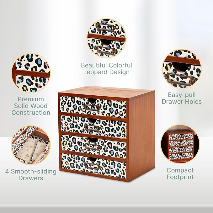 Colorful Leopard Print Wooden Desk Organizer - 4-Drawer Desktop Storage Cabinet for Office Supplies, Craft Tools & Home Organization - Trendy Wood Design for Crafters, Art Enthusiasts, Students - Image 4