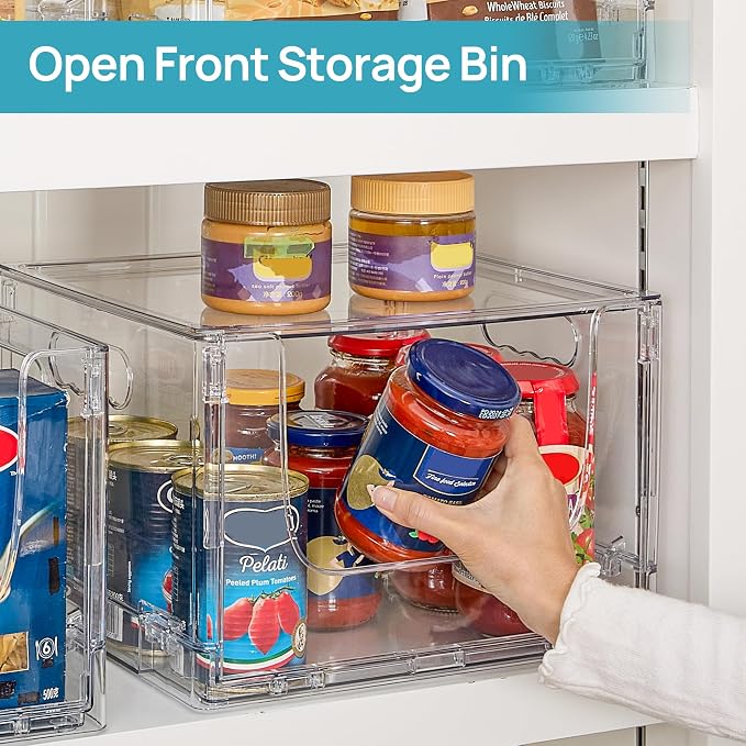 Vtopmart 2 Pack Large Foldable Open Front Storage Bins with Lids for Potato and Onion, Stackable Clear Plastic Container Organizer for Pantry, Kitchen, Cabinet, Bathroom, Closet Organization - Image 2