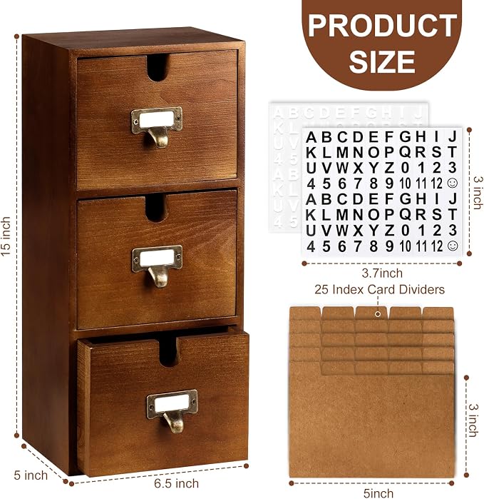 3 Tier Index Card Holder 3x5 Wooden Card Catalog Box with 3 Drawers Brown Index Card Storage Box Flash Card Holder 25 Index Card Dividers 2 Letter Smile Stickers for Office - Image 2