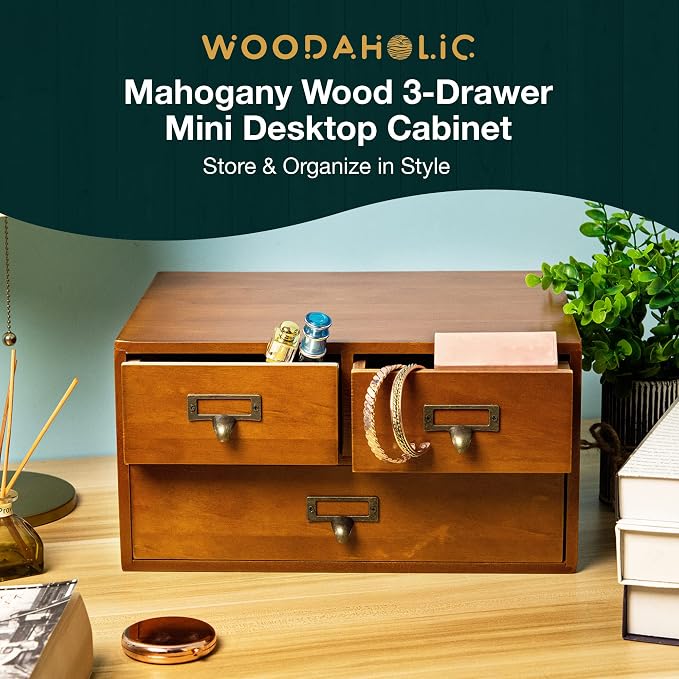Modular Stackable Desktop Apothecary Cabinet with 3 Drawers - Solid Wood Medicine Cabinet for Tabletop - Card Catalog Drawers with Label Holders - Desktop Chest Drawer for Storage and Organization - Image 8