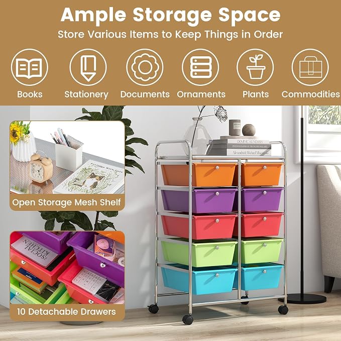 Moccha 10-Drawer Rolling Storage Cart - Storage Drawers Organizer with wheels for Craft Art Supply Paper Salon, Scrapbook Paper Tools, Under Desk Cabinet on Wheels for Classroom Office Home School - Image 4