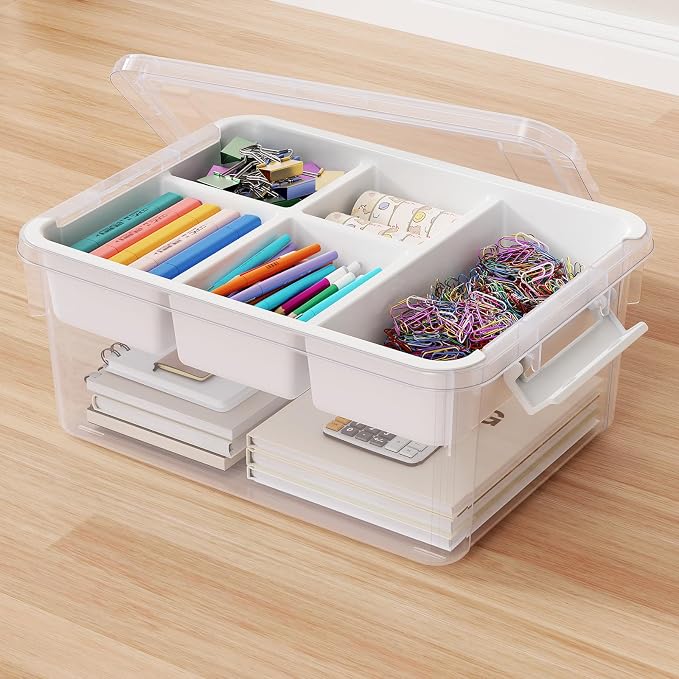 20Qt Stackable Storage Bin with Lid Tray Craft Box Organizer, 1Pack,WH | Clear Plastic Latching Boxes Organizers with Dividers Portable Containers for Arts & Crafts, Home Office Classroom Car Trunk by HOMETUK