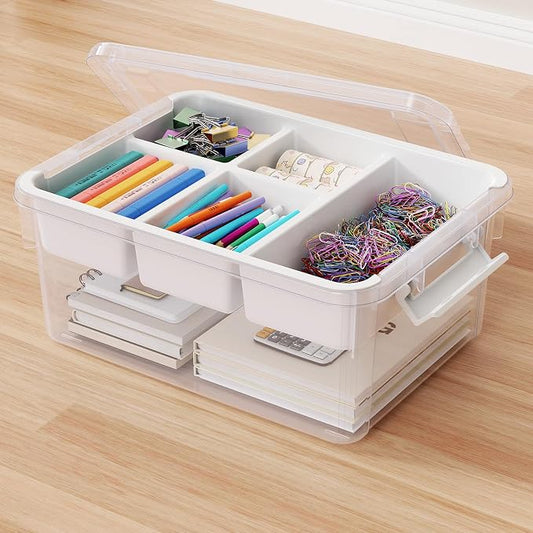 20Qt Stackable Storage Bin with Lid Tray Craft Box Organizer, 1Pack,WH | Clear Plastic Latching Boxes Organizers with Dividers Portable Containers for Arts & Crafts, Home Office Classroom Car Trunk by HOMETUK