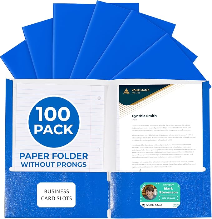 100 Pack Blue 2 Pocket Paper Folders. EPI Heavy Duty, Bulk Folders with Pockets and Business Card Slots. Colored Letter Size Document Organizers. Durable Portfolio for School, College, Office Files by EPI