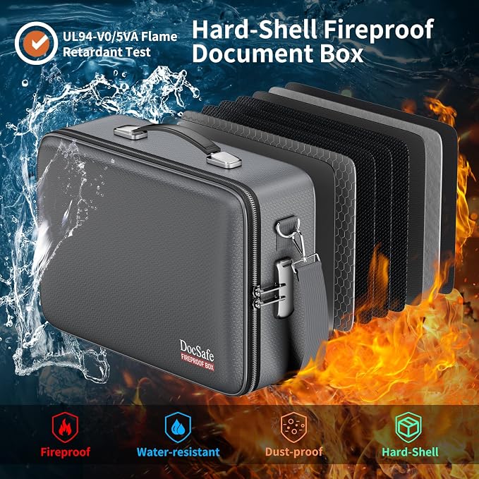 DocSafe Fireproof Document Box Hard Case with Lock ＆ Accordion File Folder | Fire and Water Resistant Safe Box,File Organizer,Multi-Pocket,Home Office Travel Storage for Important Document,Laptop,Gray - Image 2