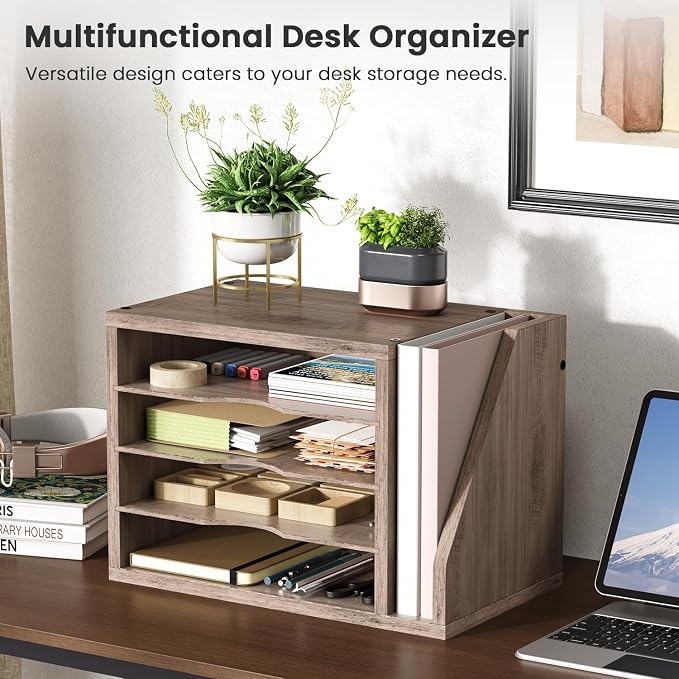 Wooden Mail Organizer, Desk Organizer with 3 Adjustable Shelves | Mail Sorter, File Organizer Desktop, Mail Holder for Home Office, Letter Sorter for Envelopes, Bills, Magazines, Greige - Image 2