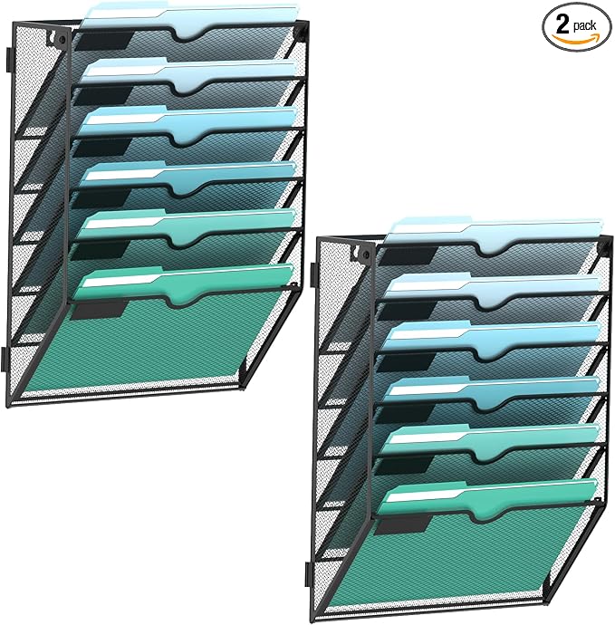 6-Tier Wall File Organizer, Wall Mounted Mail Sorter, 2 Pack | Metal Mesh Hanging File Organizer with Open Compartments and Label Panels for Papers and Folders at Home, Office or School by SUPEASY