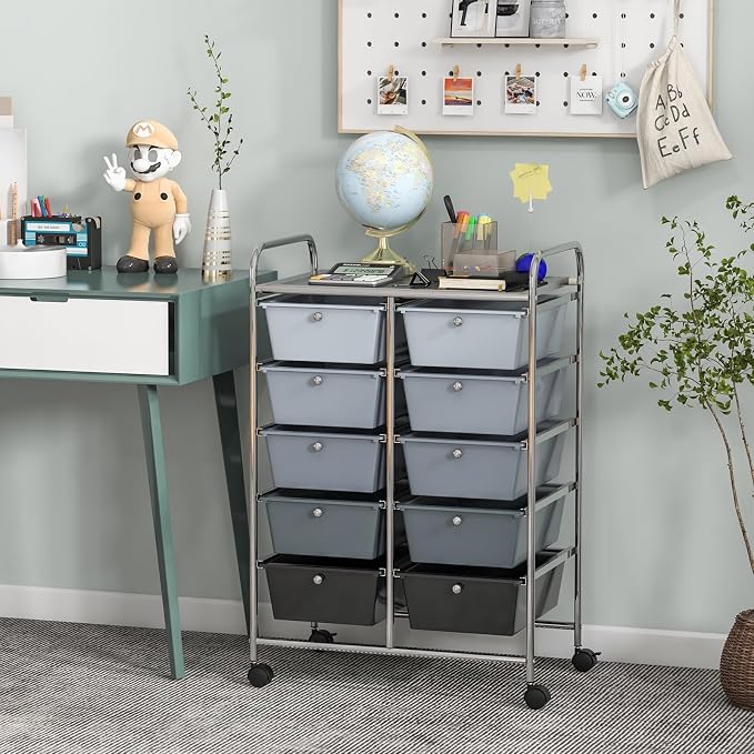 COSTWAY 10 Drawer Rolling Storage Cart, Utility Cart with Lockable Wheels | Mobile Art Supply Craft Organizer with Metal Frame, Multipurpose Drawer Cart for Paper for Office, School, Mixed Black - Image 2