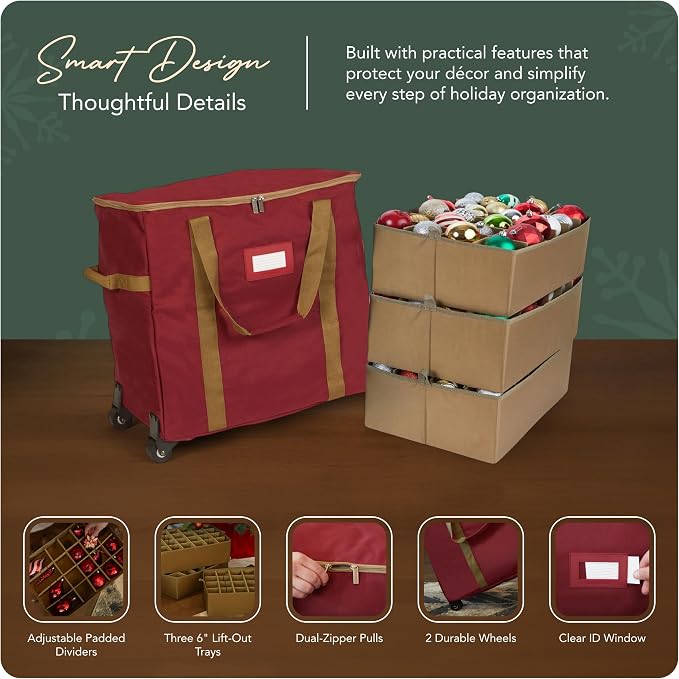 Covermates Keepsakes Rolling Adjustable Ornament Storage Bag – Heavy-Duty Polyester, FlexGrid Trays & Padded Dividers – Protective Holiday Organizer with Wheels, Handles & ID Window, Red - Image 4