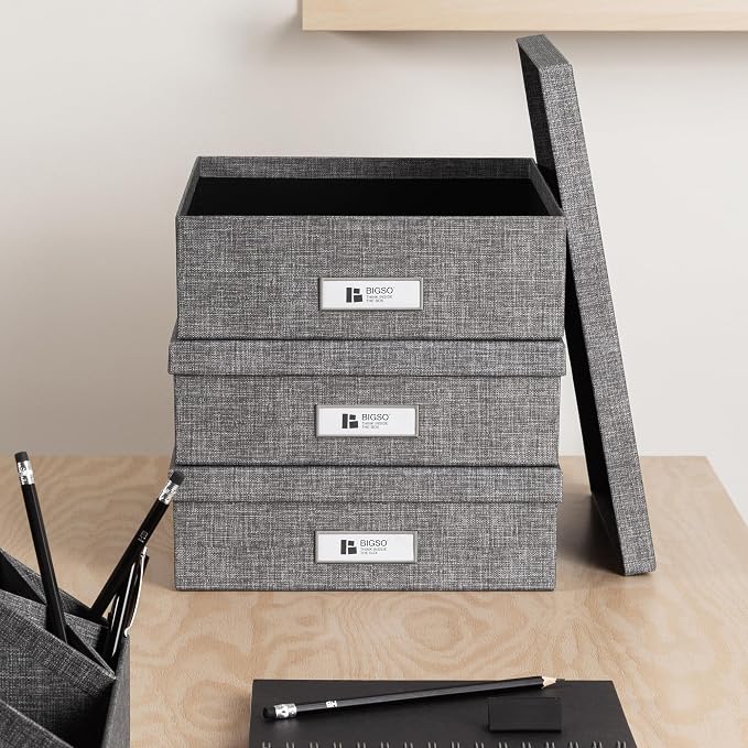Bigso Oskar Canvas Fiberboard Document Letter Box for Important Paperwork A4 or Letter Size - Durable Keepsake Box with Lid and Metal Label Holder - 3.3in x 10.2in x 13.8in - Melange Grey - 3 Pack - Image 5
