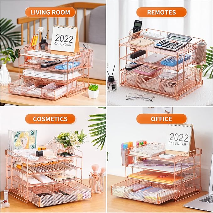 Lavatino 4-Tier Desk Paper Letter Tray Organizer for Desk Accessories & Workspace Organizers with Drawer and 2 Pen Holder for Home, School, Office Supplies Storage (Rose Gold) - Image 5