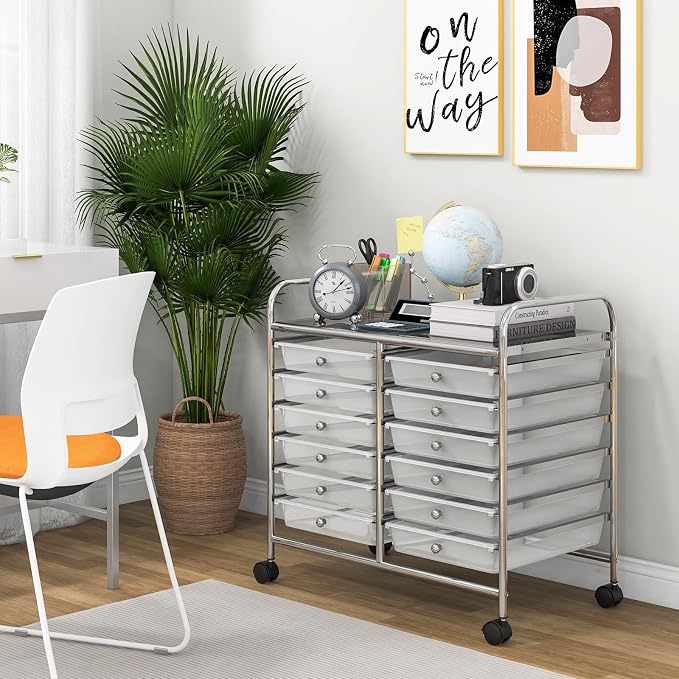 Giantex 12 Drawers Rolling Cart, Mobile Storage Drawer Cart, Classroom Organizer Cart for Office School Supplies Tools Scrapbook Paper Craft Small Printer, Utility Cart on Wheels, Clear - Image 4
