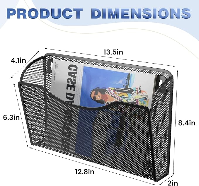 MINDEPOT Wall File Organizer, Hanging Wall File Holder, 2 Pack, Black | Heavy Duty Iron, Metal Mesh Wall Mount, Single Pocket, Mail Organizer, for Office School Classroom Home, Letter A4 Size - Image 2