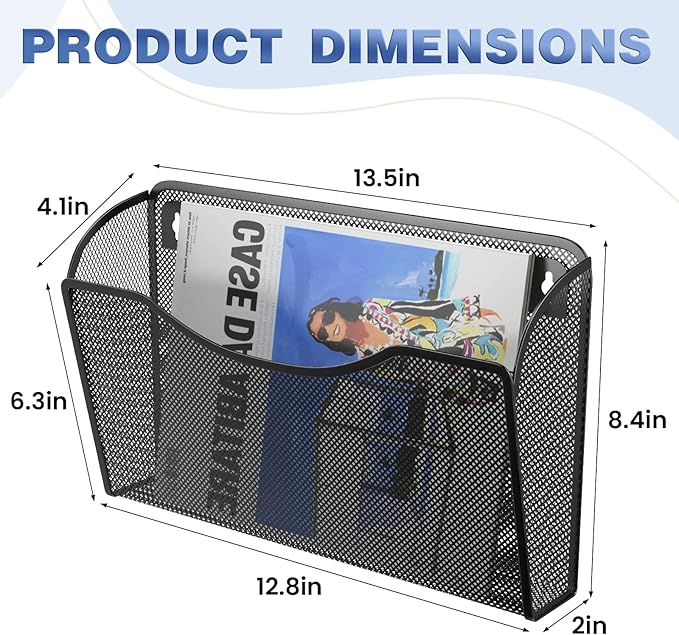 MINDEPOT Wall File Organizer, Hanging Wall File Holder, 6 Pack, Black | Heavy Duty Iron, Metal Mesh Wall Mount, Single Pocket, Mail Organizer, for Office School Classroom Home, Letter A4 Size - Image 2